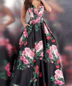 JVN By Jovani Jovani - JVN59146 V-neck Side Cutouts Floral A-line Gown Formal Gowns 12 JVN By Jovani Jovani - JVN59146 V-neck Side Cutouts Floral A-line Gown Formal Gowns