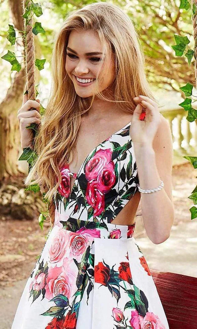 JVN By Jovani Jovani - JVN59146 V-neck Side Cutouts Floral A-line Gown Formal Gowns 6 JVN By Jovani Jovani - JVN59146 V-neck Side Cutouts Floral A-line Gown Formal Gowns