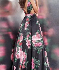 JVN By Jovani Jovani - JVN59146 V-neck Side Cutouts Floral A-line Gown Formal Gowns 13 JVN By Jovani Jovani - JVN59146 V-neck Side Cutouts Floral A-line Gown Formal Gowns