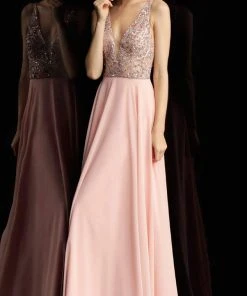 JVN By Jovani Jovani - JVN60467 Embellished Deep V-neck Chiffon A-line Dress