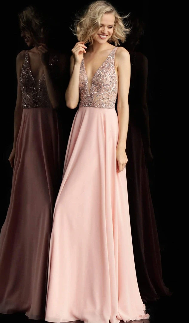 JVN By Jovani Jovani - JVN60467 Embellished Deep V-neck Chiffon A-line Dress 3 JVN By Jovani Jovani - JVN60467 Embellished Deep V-neck Chiffon A-line Dress