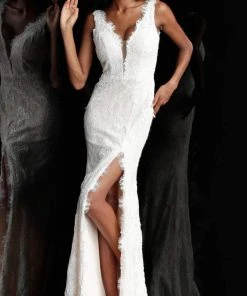 JVN By Jovani Jovani - JVN60595 Embellished Lace Deep V-neck Trumpet Dress