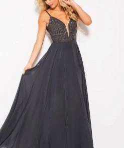 JVN By Jovani Formal Gowns Jovani - JVN60599 Embellished Deep V-neck A-line Dress