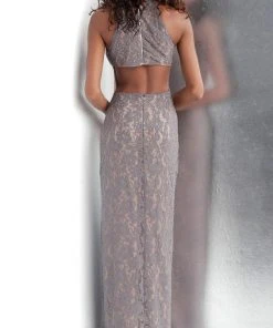 JVN By Jovani Jovani - JVN61347 Beaded Lace Halter Sheath Dress With Slit Formal Gowns