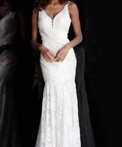 JVN By Jovani Jovani - JVN62490 Embellished Lace Plunging V-neck Trumpet Dress Formal Gowns 8 JVN By Jovani Jovani - JVN62490 Embellished Lace Plunging V-neck Trumpet Dress Formal Gowns