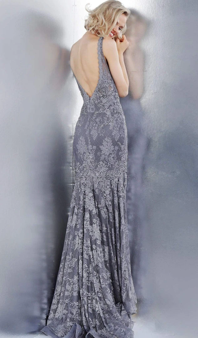 JVN By Jovani Jovani - JVN62490 Embellished Lace Plunging V-neck Trumpet Dress Formal Gowns 4 JVN By Jovani Jovani - JVN62490 Embellished Lace Plunging V-neck Trumpet Dress Formal Gowns