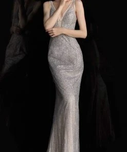 JVN By Jovani Formal Gowns Jovani - JVN62500 Metallic Illusion V-Neck Sheath Gown