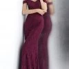 JVN By Jovani Formal Gowns Jovani - JVN66695 Lace Off-Shoulder Trumpet Dress With Mini Train