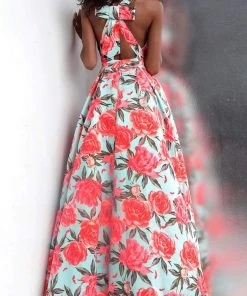 JVN By Jovani Jovani - JVN66937 Plunging Neck Floral Print Satin Gown Formal Gowns