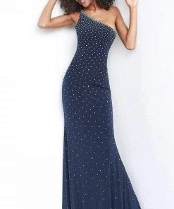 Formal Gowns Jovani - Lace Up Beaded Trumpet Gown 1170SC - 1 Pc Navy In Size 8 Available