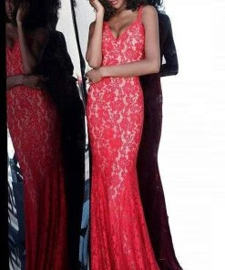 Jovani - Lace V-Neck Trumpet Dress 68005ASC - 2 Pc Red In Size 4 And 6 Available Formal Gowns