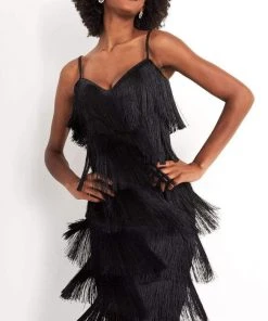 Jovani - M3220 Spaghetti Strap Fringe Cocktail Dress