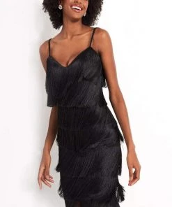 Jovani - M3220 Spaghetti Strap Fringe Cocktail Dress