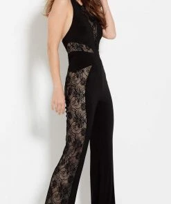 Jovani - M49917 Sleeveless Lace Halter Jumpsuit Homecoming Dresses
