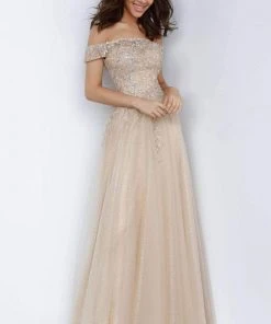 JVN By Jovani Jovani - Off-Shoulder Pleated Prom Dress JVN2004SC - 1 Pc Gold In Size 16 Available Formal Gowns