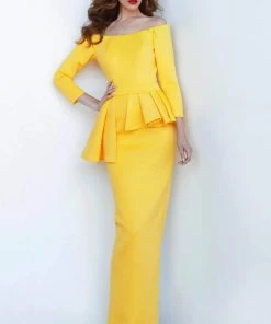 Formal Gowns Jovani - Pleated Peplum Evening Dress 2144SC - 1 Pc Yellow In Size 16 Available