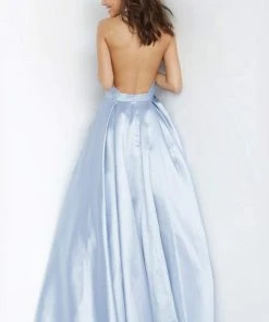 JVN By Jovani Jovani - Plunging Backless Satin Ballgown JVN60772SC - 1 Pc White In Size 2 Available