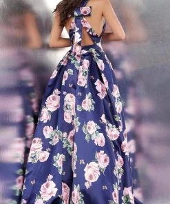 JVN By Jovani Jovani - Plunging Blossom Print Ballgown JVN66938ASC - 1 Pc Navy/Print In Sizes 0 Available