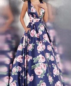 JVN By Jovani Jovani - Plunging Blossom Print Ballgown JVN66938ASC - 1 Pc Navy/Print In Sizes 0 Available