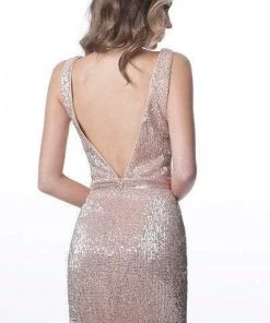 JVN By Jovani Jovani - Plunging V Neck Sequined Dress JVN66030SC - 1 Pc Champagne In Size 0 Available Cocktail Dresses