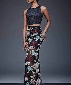 Jovani - Scoop Neck And Floral Print Two-Piece Evening Dress M405