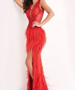 Jovani - Sleeveless V Neck High Slit Feather Skirt Prom Dress 06446SC
