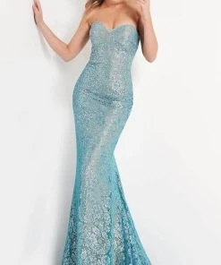 Jovani - Strapless Lace Up Back Evening Dress 06586SC - 1 Pc Turquoise/Silver In Size 4 Available