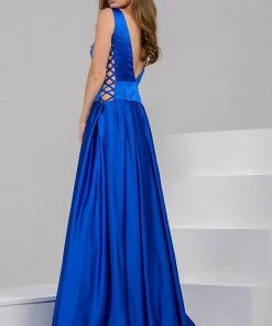 Jovani - Stunning Satin Boat Neckline V Back Ball Gown 42470