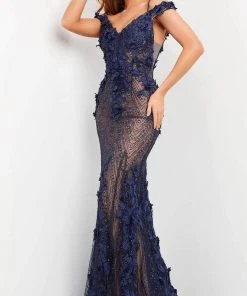 Jovani - V-Neck Floral Applique Evening Dress 06649SC - 1 Pc Navy In Size 10 Available