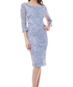 JS Collections - 866567 Sheer Quarter Sleeve Soutache Sheath Dress