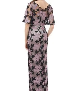 JS Collections - 866941 Floral Embroidered Illusion Bateau Long Dress