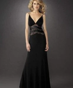 La Femme - 13057 Deep V-Neck Sheer Lace Midriff Evening Dress Formal Gowns