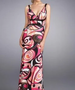 La Femme - 13262 Vibrantly Print V-Neck Sheath Gown With A Brooch Accent Formal Gowns