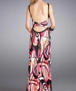 La Femme - 13262 Vibrantly Print V-Neck Sheath Gown With A Brooch Accent Formal Gowns