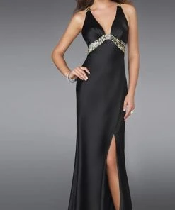 Formal Gowns La Femme - 14196 Silk Prom Dress With Printed Belt And Back Design