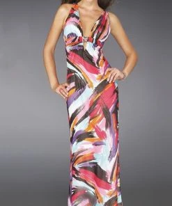 La Femme - 14319 Deep V-neckline Printed Evening Dress