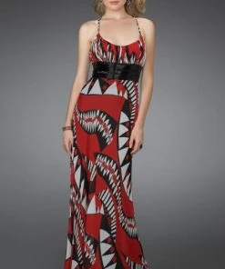 La Femme - 14359 Long Printed Dress With Pleated Waistband