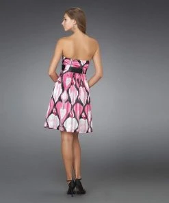Cocktail Dresses La Femme - 14424 Printed Strapless Cocktail Dress With Black Belt