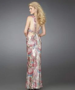 Formal Gowns La Femme - 14441 Long Printed Dress With Criss Cross Back 5 Formal Gowns La Femme - 14441 Long Printed Dress With Criss Cross Back
