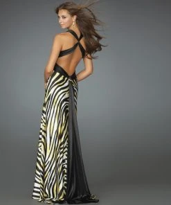 La Femme - 14588 Sensual Animal Print V-Neck Sheath Gown