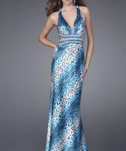 Formal Gowns La Femme - 15349 Diagonal Animal Print V-Neck Sheath Gown
