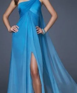 Formal Gowns La Femme - 16545 Floral-Accented Ruched Asymmetric A-line Dress