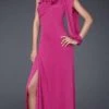 La Femme - 16565 Elegant Satiny Rosettes Asymmetric Jersey Sheath Dress 1 La Femme - 16565 Elegant Satiny Rosettes Asymmetric Jersey Sheath Dress