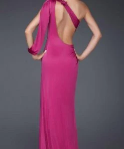 La Femme - 16565 Elegant Satiny Rosettes Asymmetric Jersey Sheath Dress