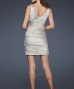 Cocktail Dresses La Femme - 17022 Sleeveless V-Neck Satin Sheath Dress