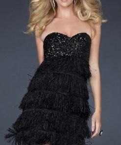 La Femme - 17078 Black Feathery Empire Waist Cocktail Dress Cocktail Dresses