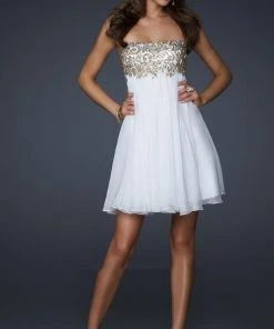 La Femme - 17107 Grecian Damask Lace A-Line Empire Cocktail Dress