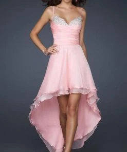 La Femme - 17141 Spaghetti Strap Sparkling Sweetheart Bust Hi-Low Style Dress Prom Dresses