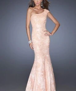 Formal Gowns La Femme - 19604 Asymmetrical Cap Sleeve Lace Gown
