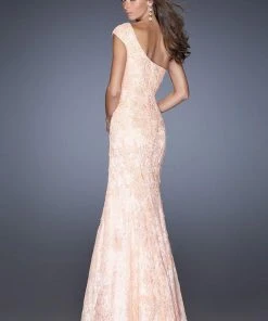 Formal Gowns La Femme - 19604 Asymmetrical Cap Sleeve Lace Gown